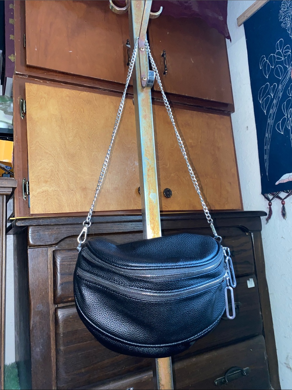 Black Pebbled Leather Crossbody Bag with Silver Chain Strap